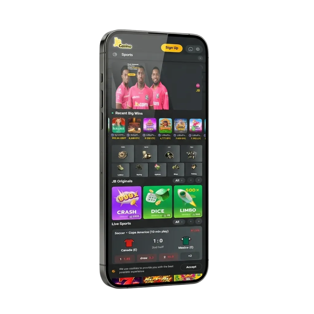 JB Casino mobile app download page showing Android APK and iOS options with welcome bonus offer for Indian users