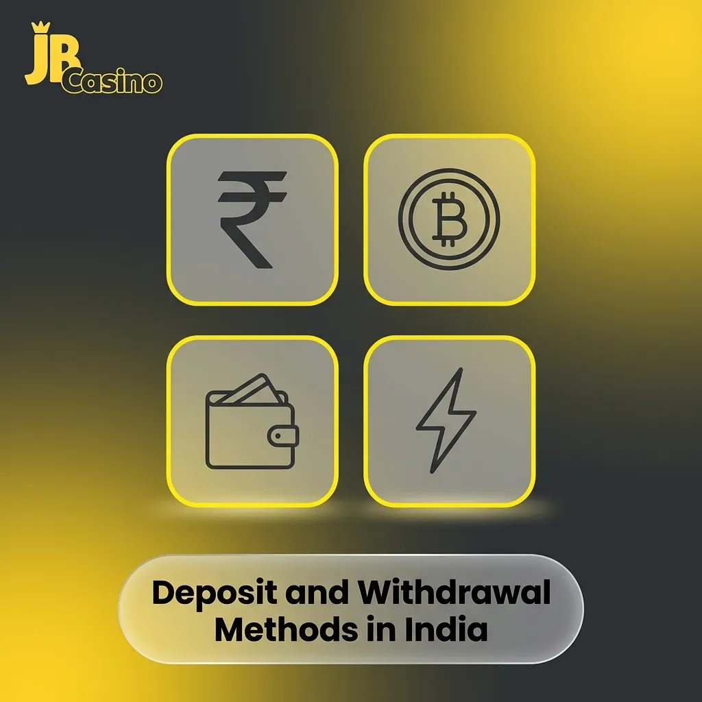 JB Casino payment options including UPI, PayTM, PhonePe, Google Pay, cards, e-wallets, and cryptocurrency for Indian users