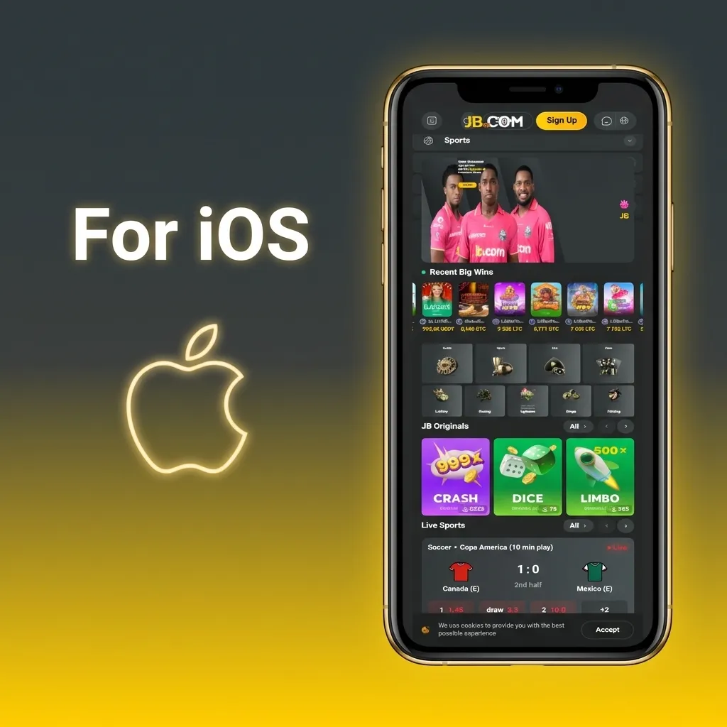 JB Casino iOS app download guide showing 5 steps from App Store button to login on iPhone or iPad