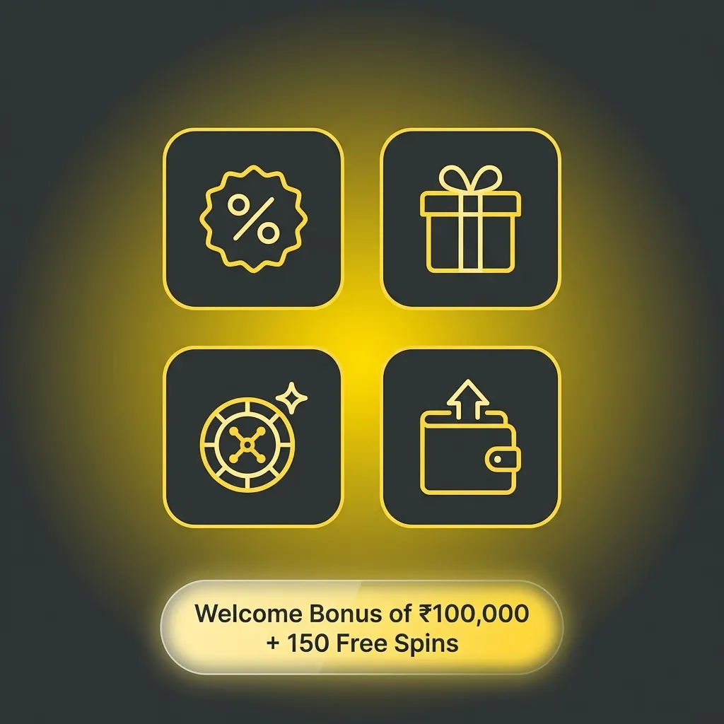 Multi-tier casino welcome package showing ₹100,000 bonus split across four deposits with 150 free spins for Indian players