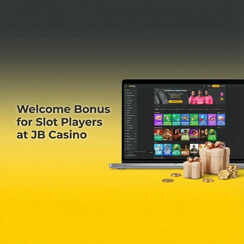 JB Casino welcome bonus screen showing matched deposit offer and free spins for new slot players